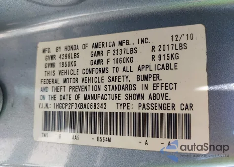 2011 Honda Accord 2.4 Lx из США, поврежденный, VIN 1HGCP2F3XBA068343